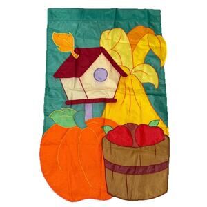 Fall Harvest Garden Flag Pumpkin Apples Birdhouse Barn Autumn Decor 28”x40”
